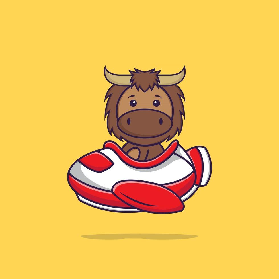 Cute bull flying on a plane. Animal cartoon concept isolated. Can used for t-shirt, greeting card, invitation card or mascot. Flat Cartoon Style vector