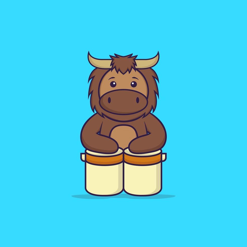Cute bull is playing drums. Animal cartoon concept isolated. Can used for t-shirt, greeting card, invitation card or mascot. Flat Cartoon Style vector