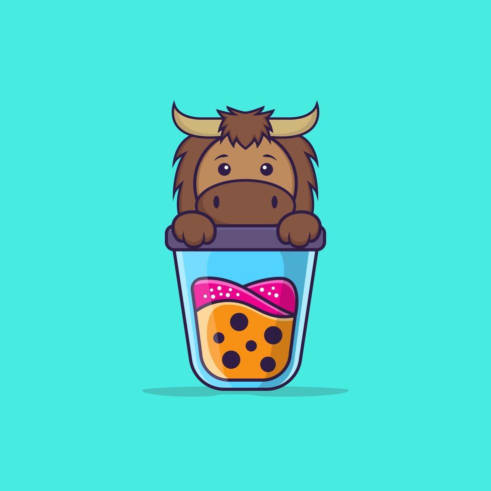 lindo toro bebiendo té con leche de boba. aislado concepto de dibujos animados de animales. Puede utilizarse para camiseta, tarjeta de felicitación, tarjeta de invitación o mascota. estilo de dibujos animados plana vector