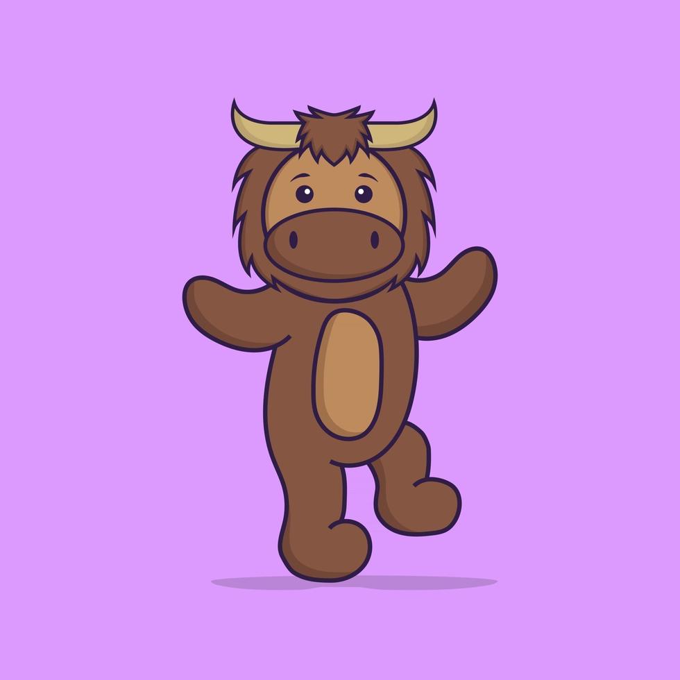 Cute bull is dancing. Animal cartoon concept isolated. Can used for t-shirt, greeting card, invitation card or mascot. Flat Cartoon Style vector