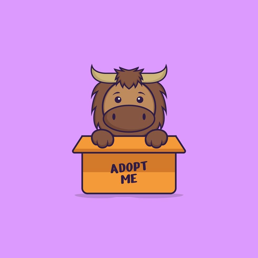 Cute bull in box with a poster Adopt me. Animal cartoon concept isolated. Can used for t-shirt, greeting card, invitation card or mascot. Flat Cartoon Style vector