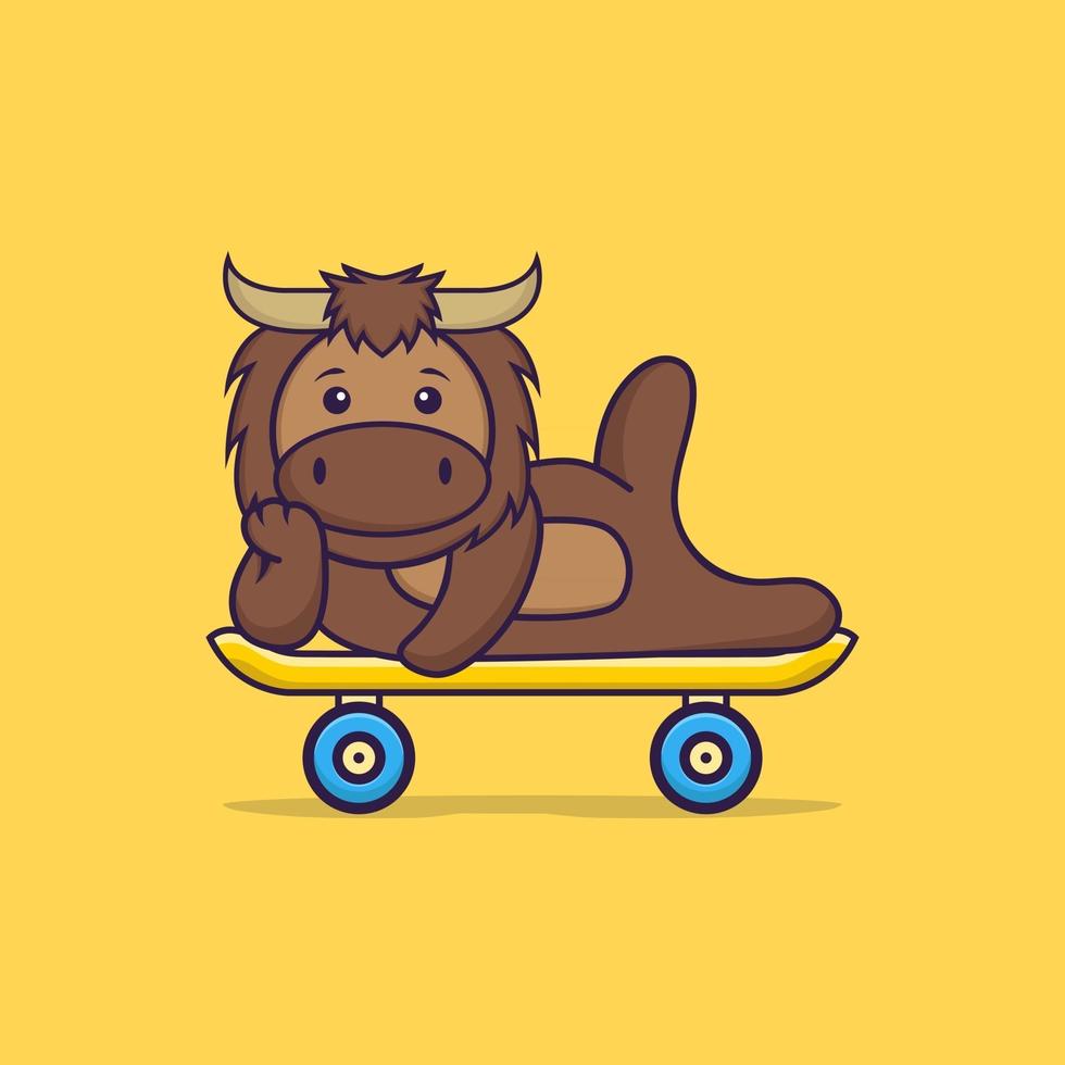 Cute bull lying on a skateboard. Animal cartoon concept isolated. Can used for t-shirt, greeting card, invitation card or mascot. Flat Cartoon Style vector