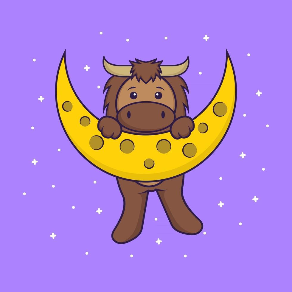 Cute bull is on the moon. Animal cartoon concept isolated. Can used for t-shirt, greeting card, invitation card or mascot. Flat Cartoon Style vector