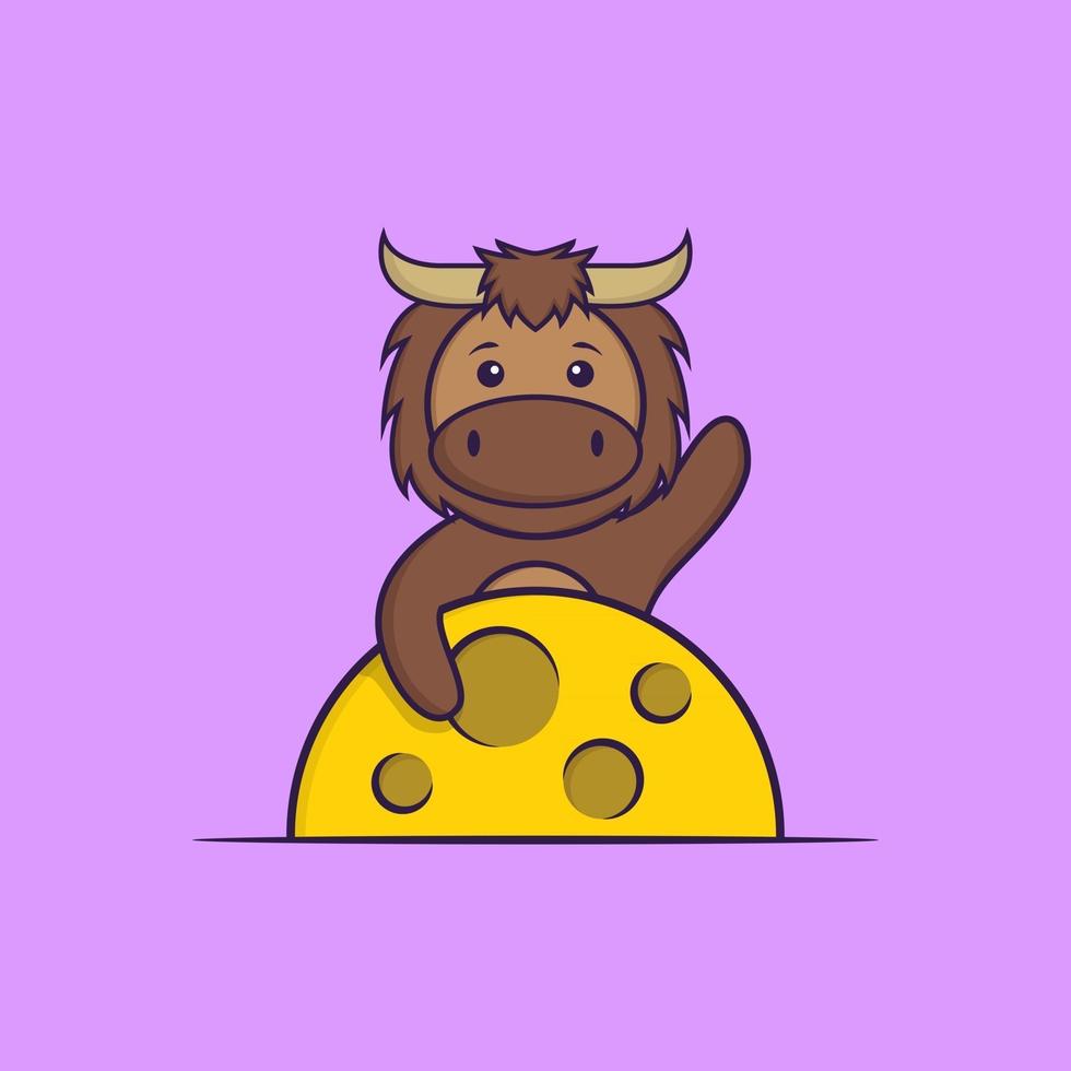 Cute bull is on the moon. Animal cartoon concept isolated. Can used for t-shirt, greeting card, invitation card or mascot. Flat Cartoon Style vector