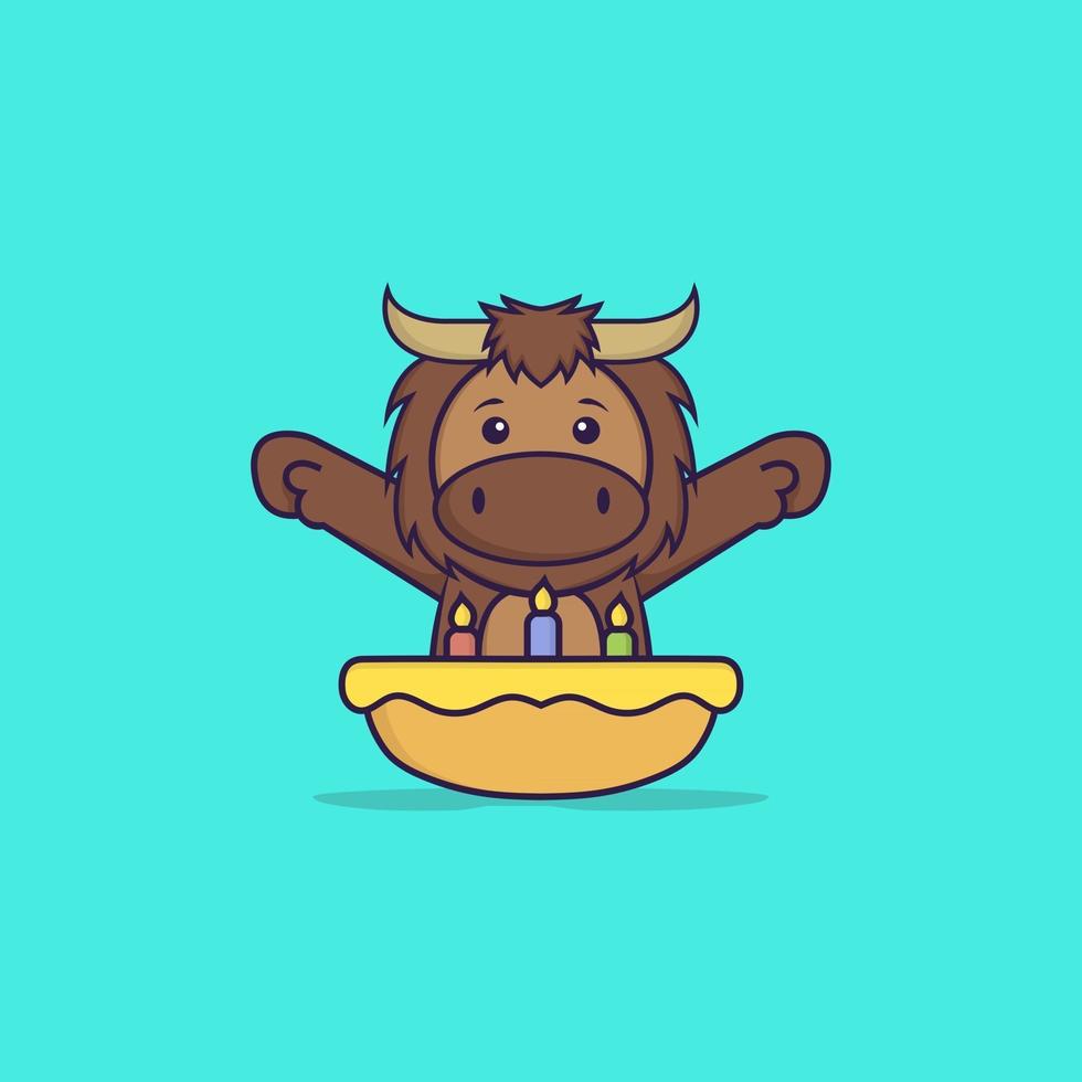 Cute bull with birthday cake. Animal cartoon concept isolated. Can used for t-shirt, greeting card, invitation card or mascot. Flat Cartoon Style vector