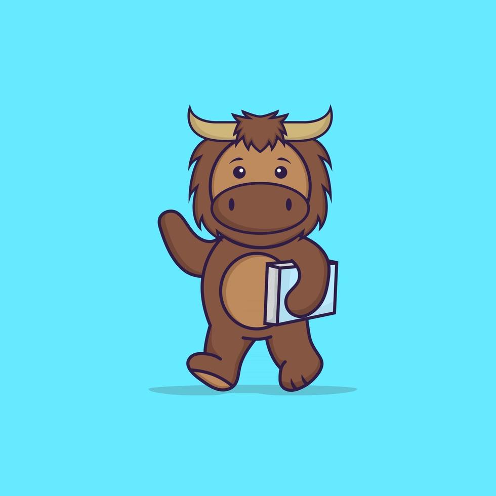 Cute bull holding a book. Animal cartoon concept isolated. Can used for t-shirt, greeting card, invitation card or mascot. Flat Cartoon Style vector