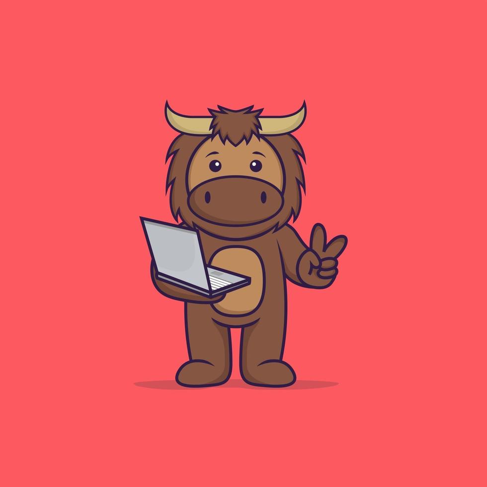 Cute bull holding laptop. Animal cartoon concept isolated. Can used for t-shirt, greeting card, invitation card or mascot. Flat Cartoon Style vector