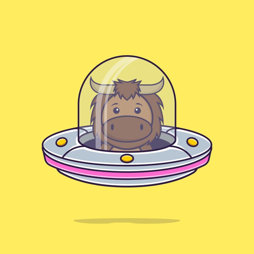 Cute bull Driving Spaceship Ufo. Animal cartoon concept isolated. Can used for t-shirt, greeting card, invitation card or mascot. Flat Cartoon Style vector