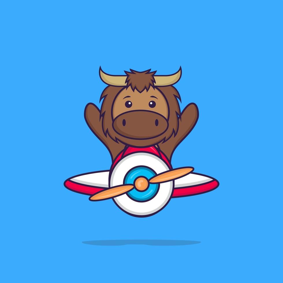 Cute bull flying on a plane. Animal cartoon concept isolated. Can used for t-shirt, greeting card, invitation card or mascot. Flat Cartoon Style vector