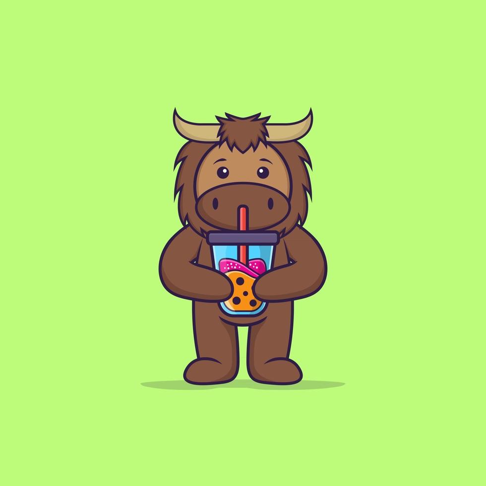 Cute bull Drinking Boba milk tea. Animal cartoon concept isolated. Can used for t-shirt, greeting card, invitation card or mascot. Flat Cartoon Style vector