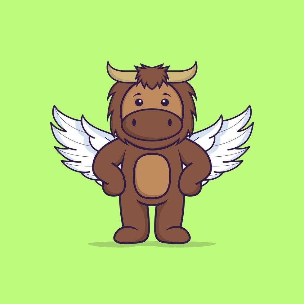 Cute bull using wings. Animal cartoon concept isolated. Can used for t-shirt, greeting card, invitation card or mascot. Flat Cartoon Style vector