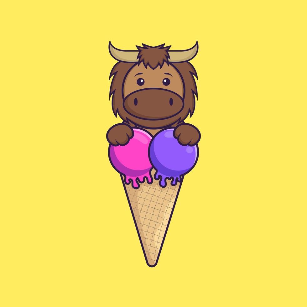 Cute bull with sweet ice cream. Animal cartoon concept isolated. Can used for t-shirt, greeting card, invitation card or mascot. Flat Cartoon Style vector