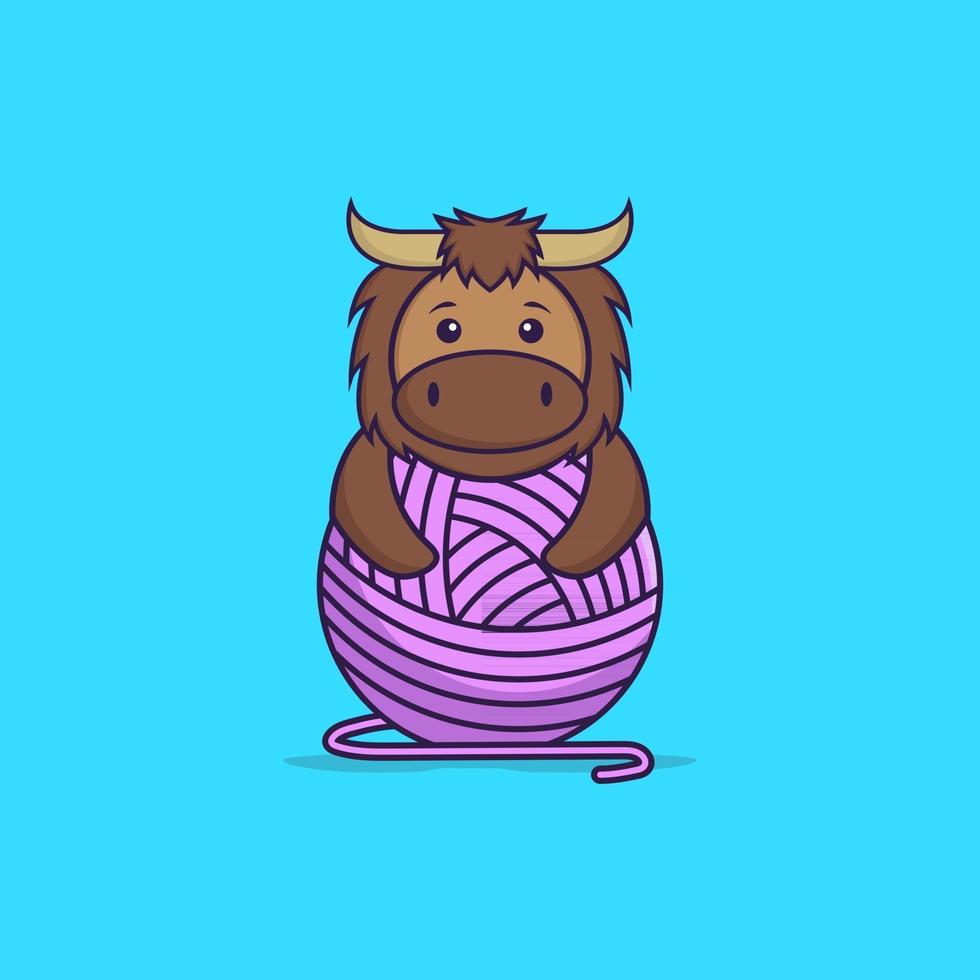 Cute bull playing with wool yarn. Animal cartoon concept isolated. Can used for t-shirt, greeting card, invitation card or mascot. Flat Cartoon Style vector