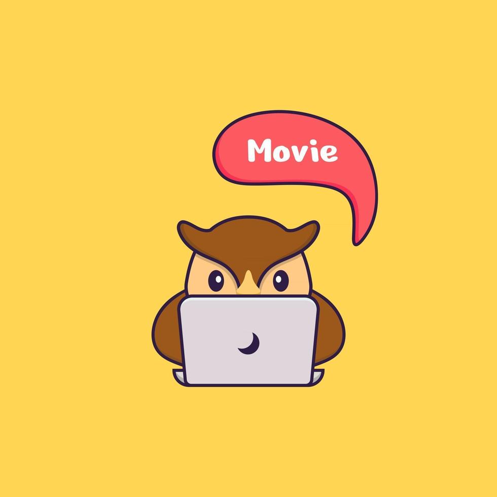 Cute owl is watching a movie. Animal cartoon concept isolated. Can used for t-shirt, greeting card, invitation card or mascot. Flat Cartoon Style vector