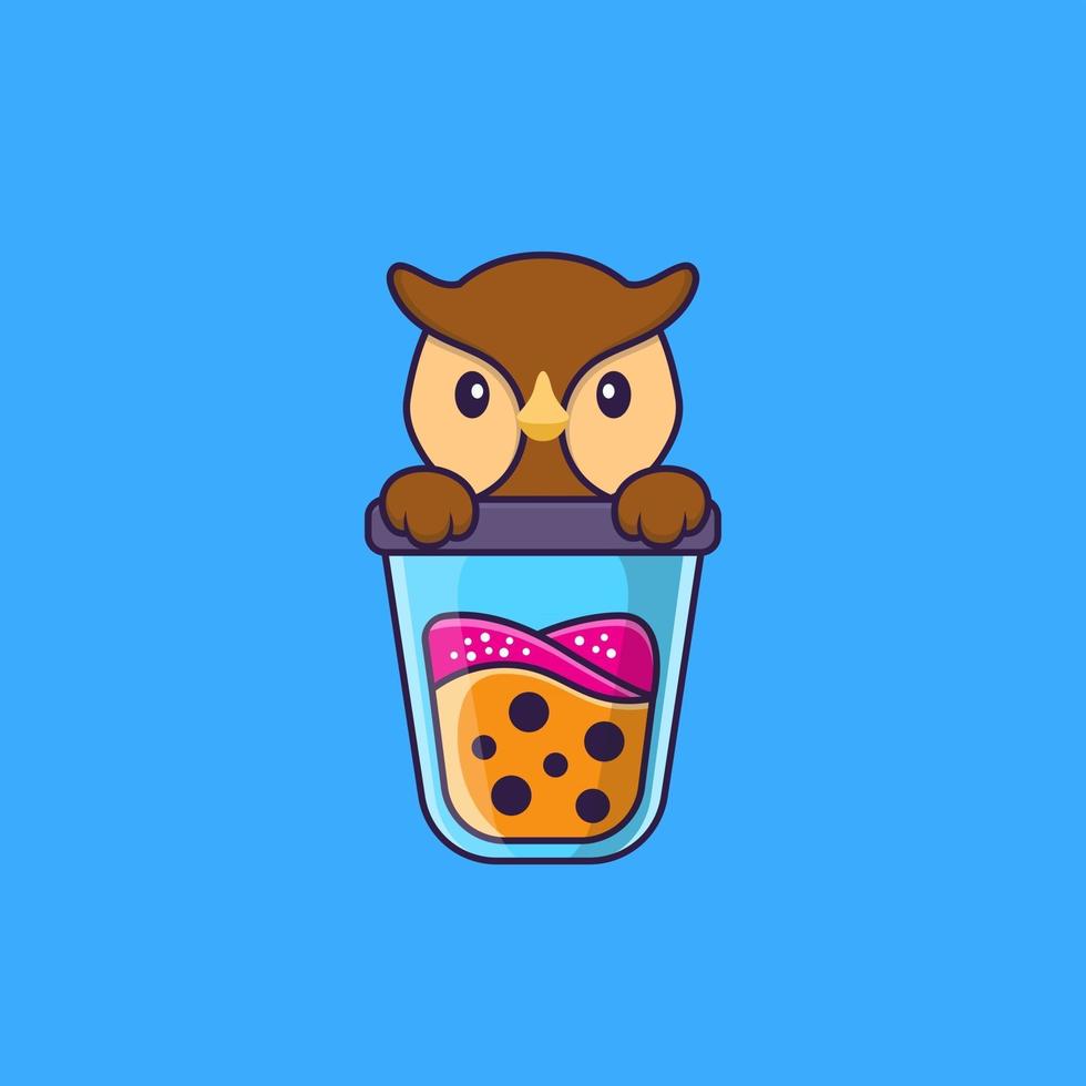 Cute owl Drinking Boba milk tea. Animal cartoon concept isolated. Can used for t-shirt, greeting card, invitation card or mascot. Flat Cartoon Style vector