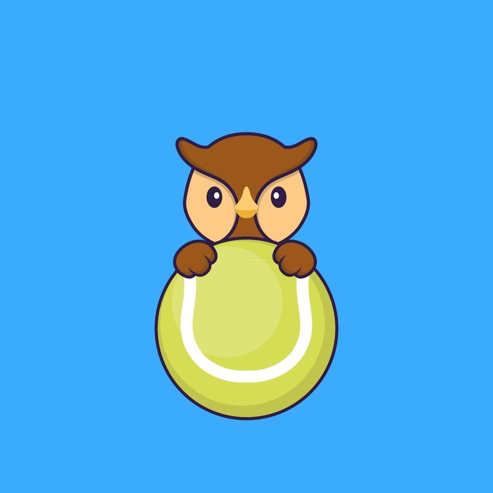 Cute owl playing tennis. Animal cartoon concept isolated. Can used for t-shirt, greeting card, invitation card or mascot. Flat Cartoon Style vector