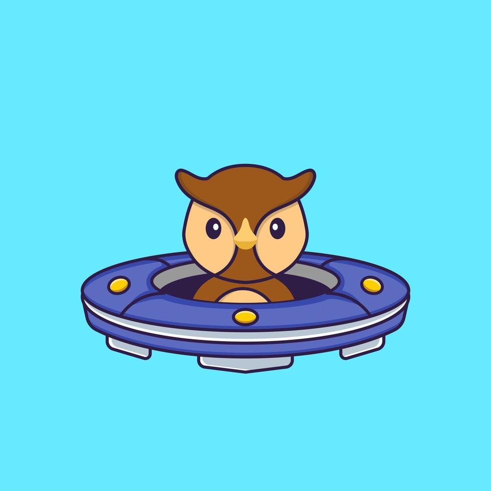 Cute owl Driving Spaceship Ufo. Animal cartoon concept isolated. Can used for t-shirt, greeting card, invitation card or mascot. Flat Cartoon Style vector