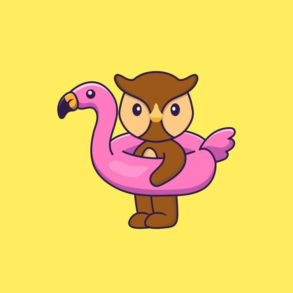 Cute owl With flamingo buoy. Animal cartoon concept isolated. Can used for t-shirt, greeting card, invitation card or mascot. Flat Cartoon Style vector