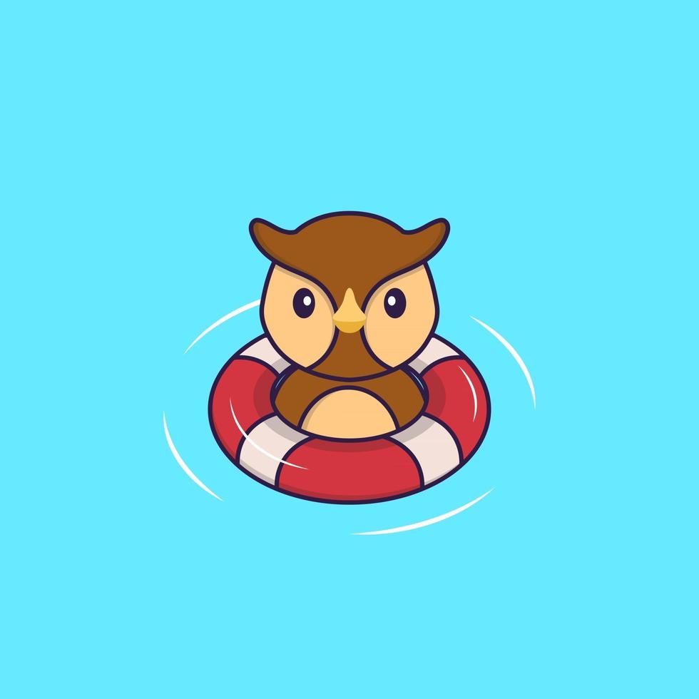 Cute owl is Swimming with a buoy. Animal cartoon concept isolated. Can used for t-shirt, greeting card, invitation card or mascot. Flat Cartoon Style vector