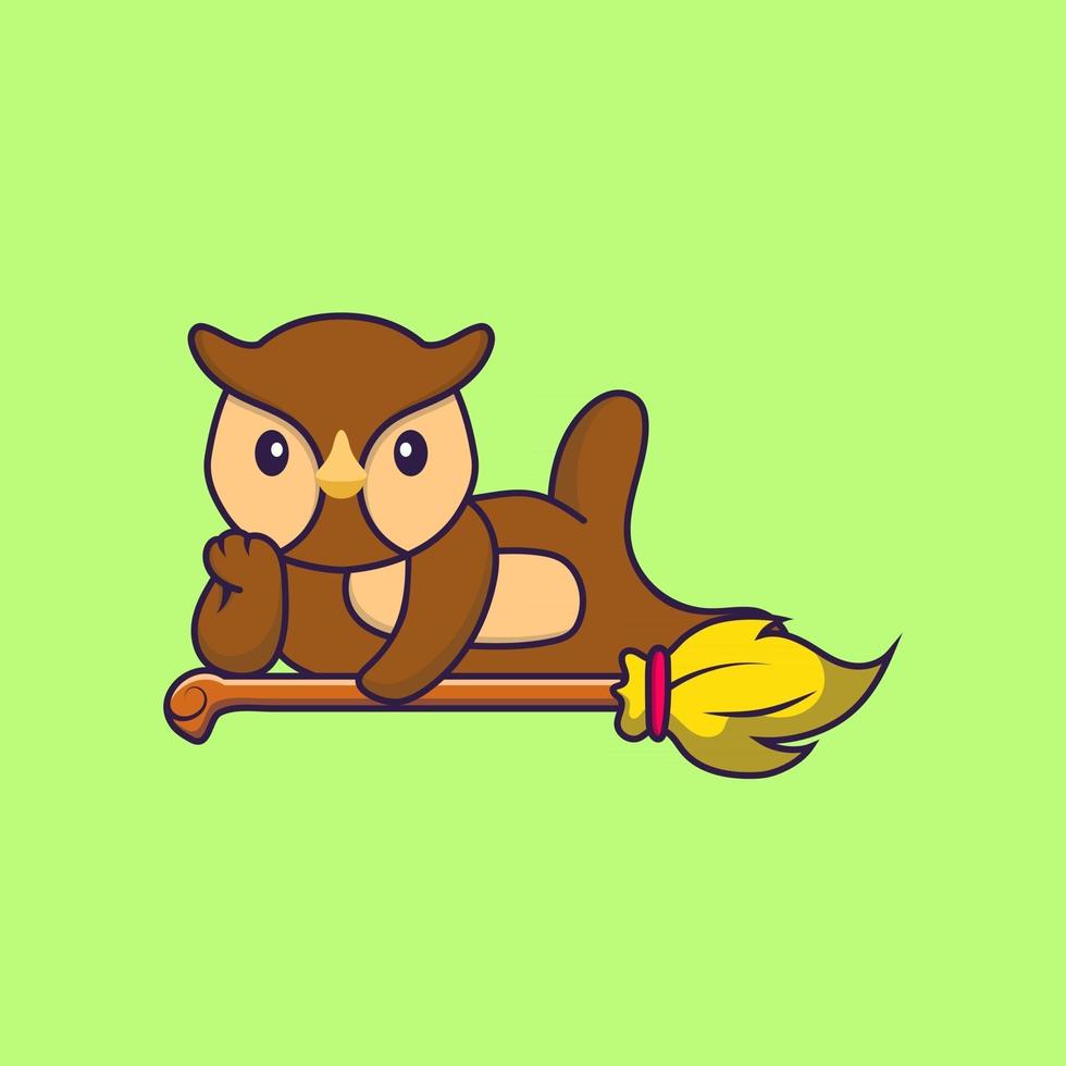 Cute owl lying on Magic Broom. Animal cartoon concept isolated. Can used for t-shirt, greeting card, invitation card or mascot. Flat Cartoon Style vector