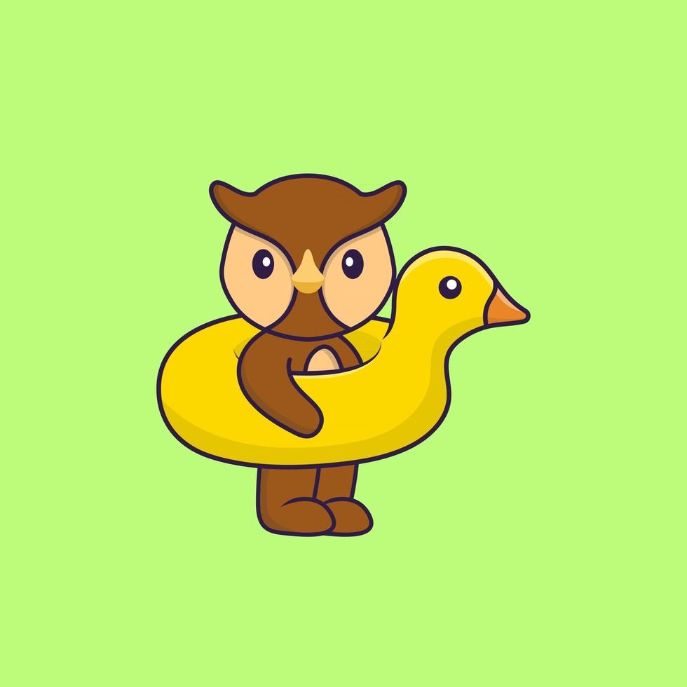 Cute owl With Duck buoy. Animal cartoon concept isolated. Can used for t-shirt, greeting card, invitation card or mascot. Flat Cartoon Style vector