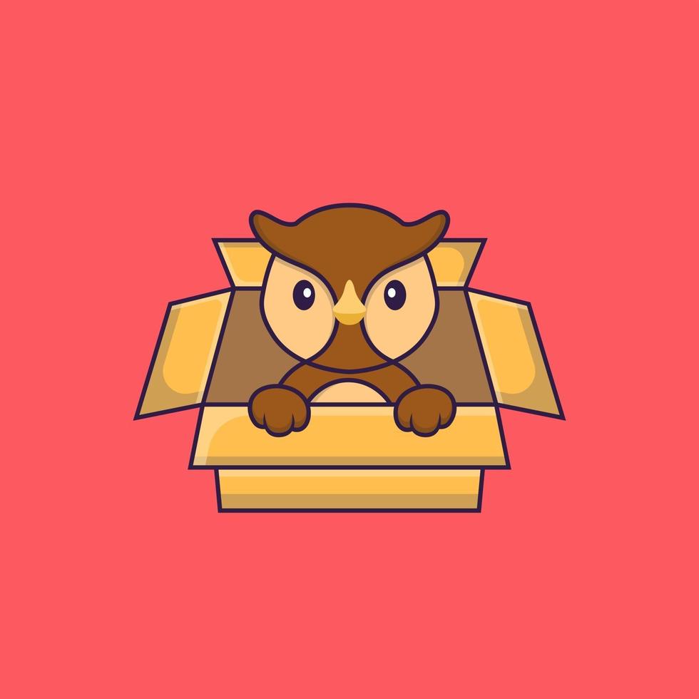 Cute owl Playing In Box. Animal cartoon concept isolated. Can used for t-shirt, greeting card, invitation card or mascot. Flat Cartoon Style vector
