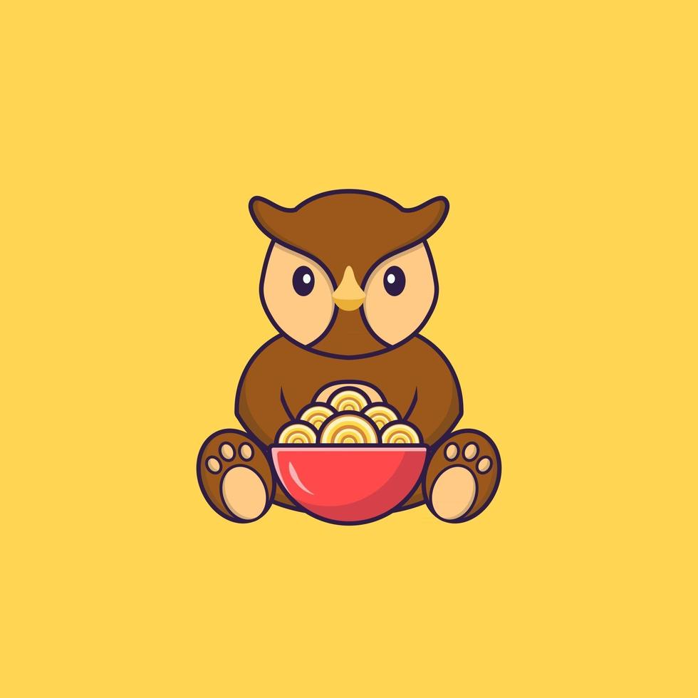 Cute owl eating ramen noodles. Animal cartoon concept isolated. Can used for t-shirt, greeting card, invitation card or mascot. Flat Cartoon Style vector