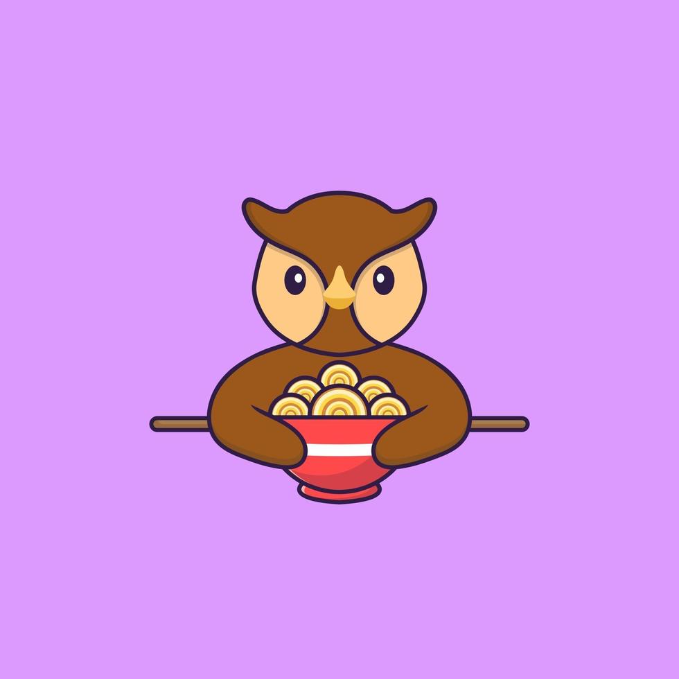 Cute owl eating ramen noodles. Animal cartoon concept isolated. Can used for t-shirt, greeting card, invitation card or mascot. Flat Cartoon Style vector