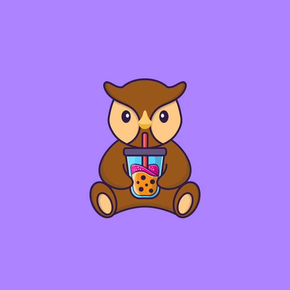 lindo búho bebiendo té con leche de boba. aislado concepto de dibujos animados de animales. Puede utilizarse para camiseta, tarjeta de felicitación, tarjeta de invitación o mascota. estilo de dibujos animados plana vector