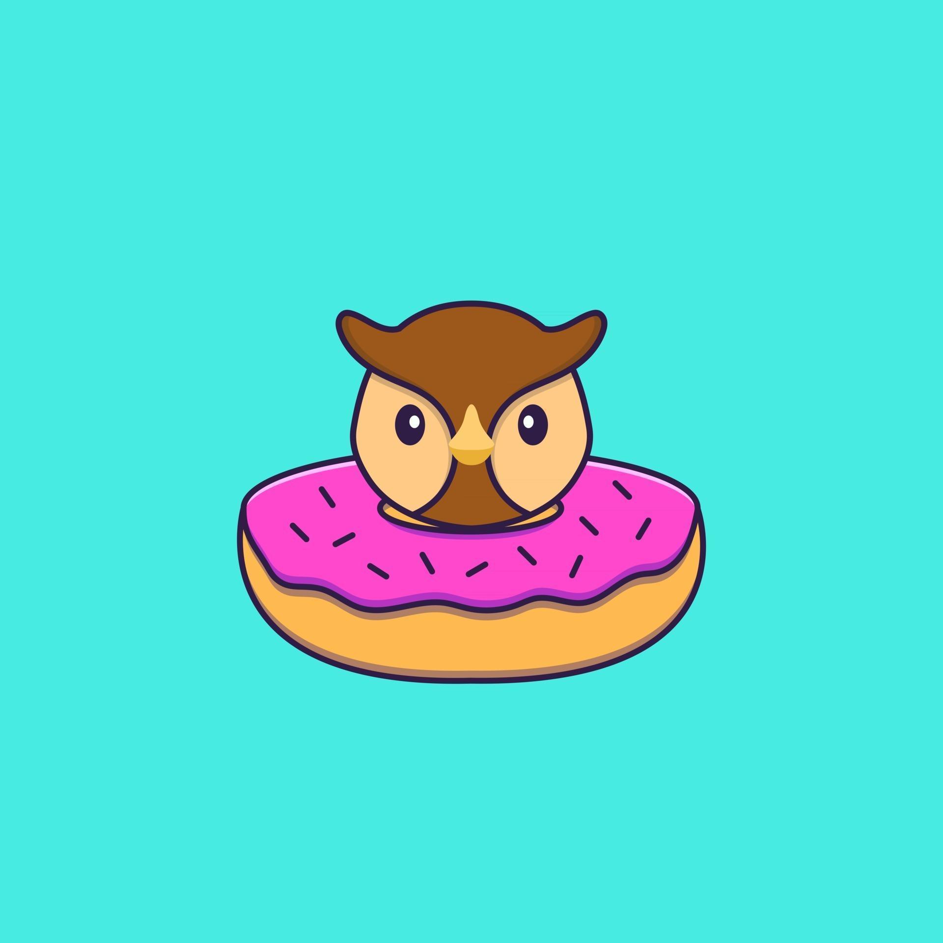 Cute owl with a donut on his neck. Animal cartoon concept isolated. Can used for t-shirt, greeting card, invitation card or mascot. Flat Cartoon Style vector