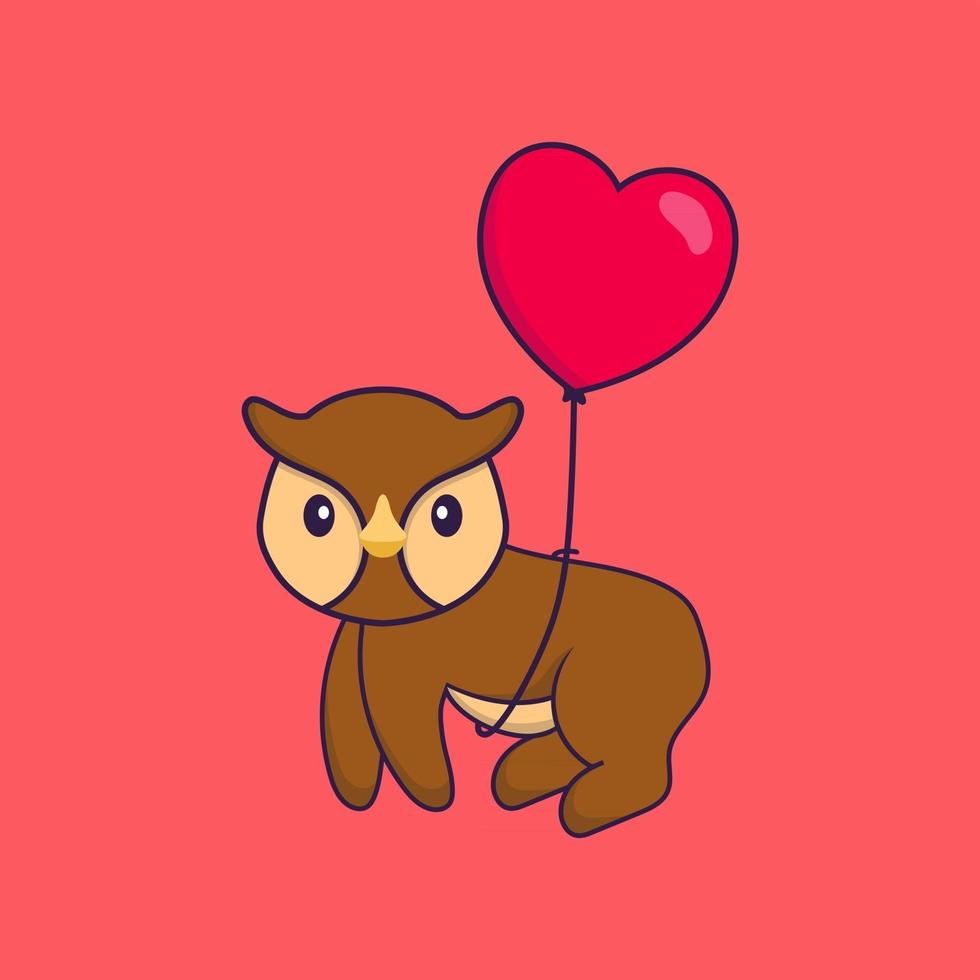 lindo búho volando con globos en forma de amor. aislado concepto de dibujos animados de animales. Puede utilizarse para camiseta, tarjeta de felicitación, tarjeta de invitación o mascota. estilo de dibujos animados plana vector