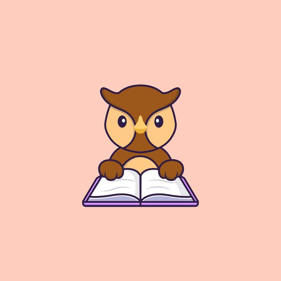 Cute owl reading a book. Animal cartoon concept isolated. Can used for t-shirt, greeting card, invitation card or mascot. Flat Cartoon Style vector