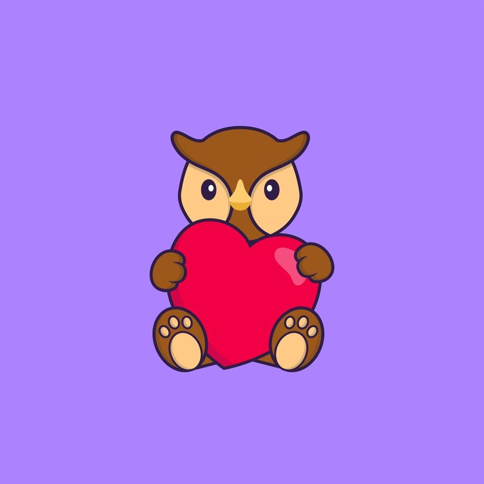 Cute owl holding a big red heart. Animal cartoon concept isolated. Can used for t-shirt, greeting card, invitation card or mascot. Flat Cartoon Style vector