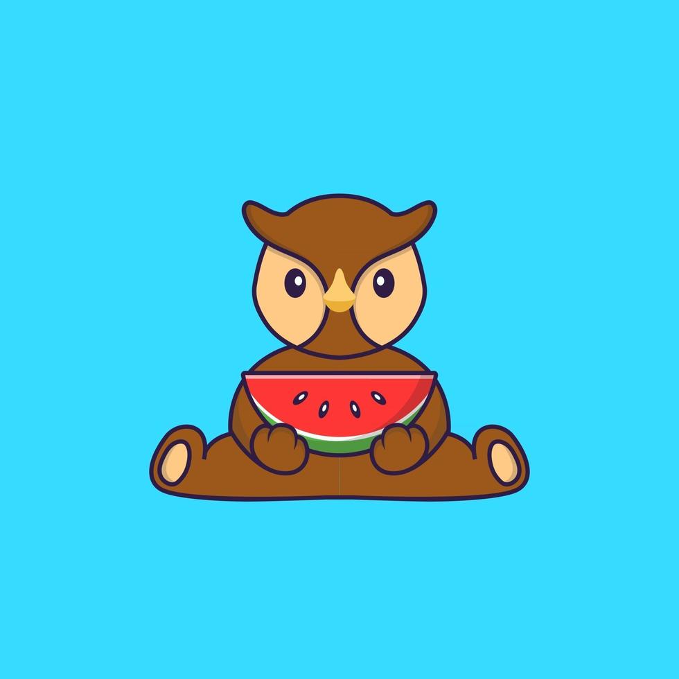 Cute owl eating watermelon. Animal cartoon concept isolated. Can used for t-shirt, greeting card, invitation card or mascot. Flat Cartoon Style vector