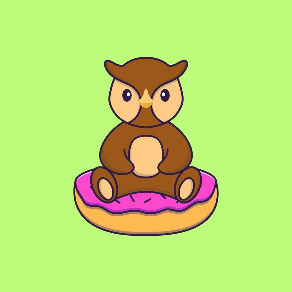 Cute owl is sitting on donuts. Animal cartoon concept isolated. Can used for t-shirt, greeting card, invitation card or mascot. Flat Cartoon Style vector