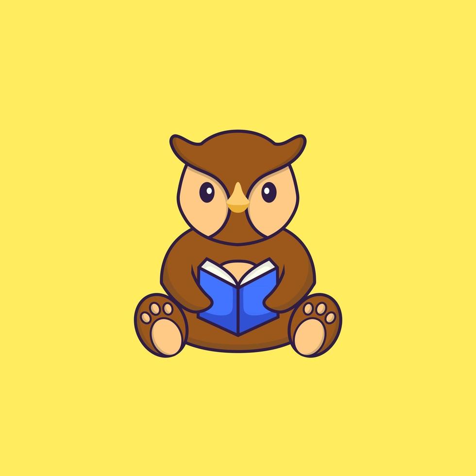 Cute owl reading a book. Animal cartoon concept isolated. Can used for t-shirt, greeting card, invitation card or mascot. Flat Cartoon Style vector