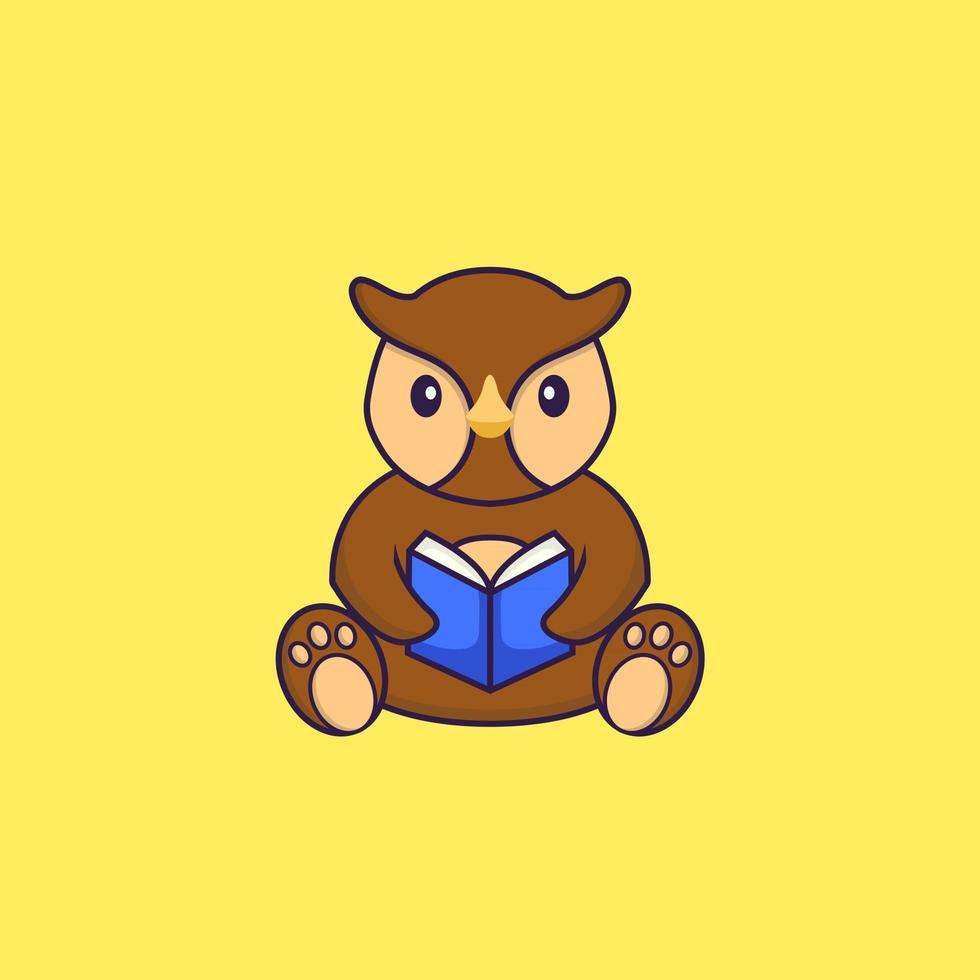 Cute owl reading a book. Animal cartoon concept isolated. Can used for t-shirt, greeting card, invitation card or mascot. Flat Cartoon Style vector