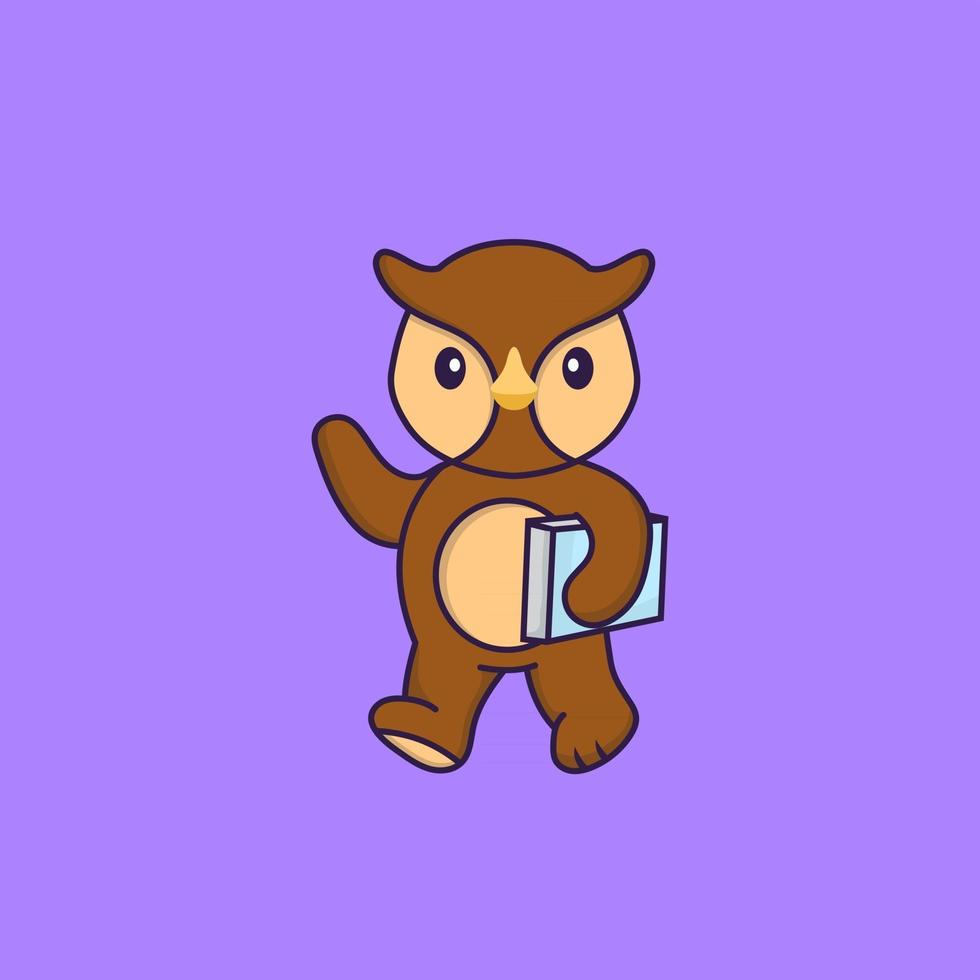Cute owl holding a book. Animal cartoon concept isolated. Can used for t-shirt, greeting card, invitation card or mascot. Flat Cartoon Style vector
