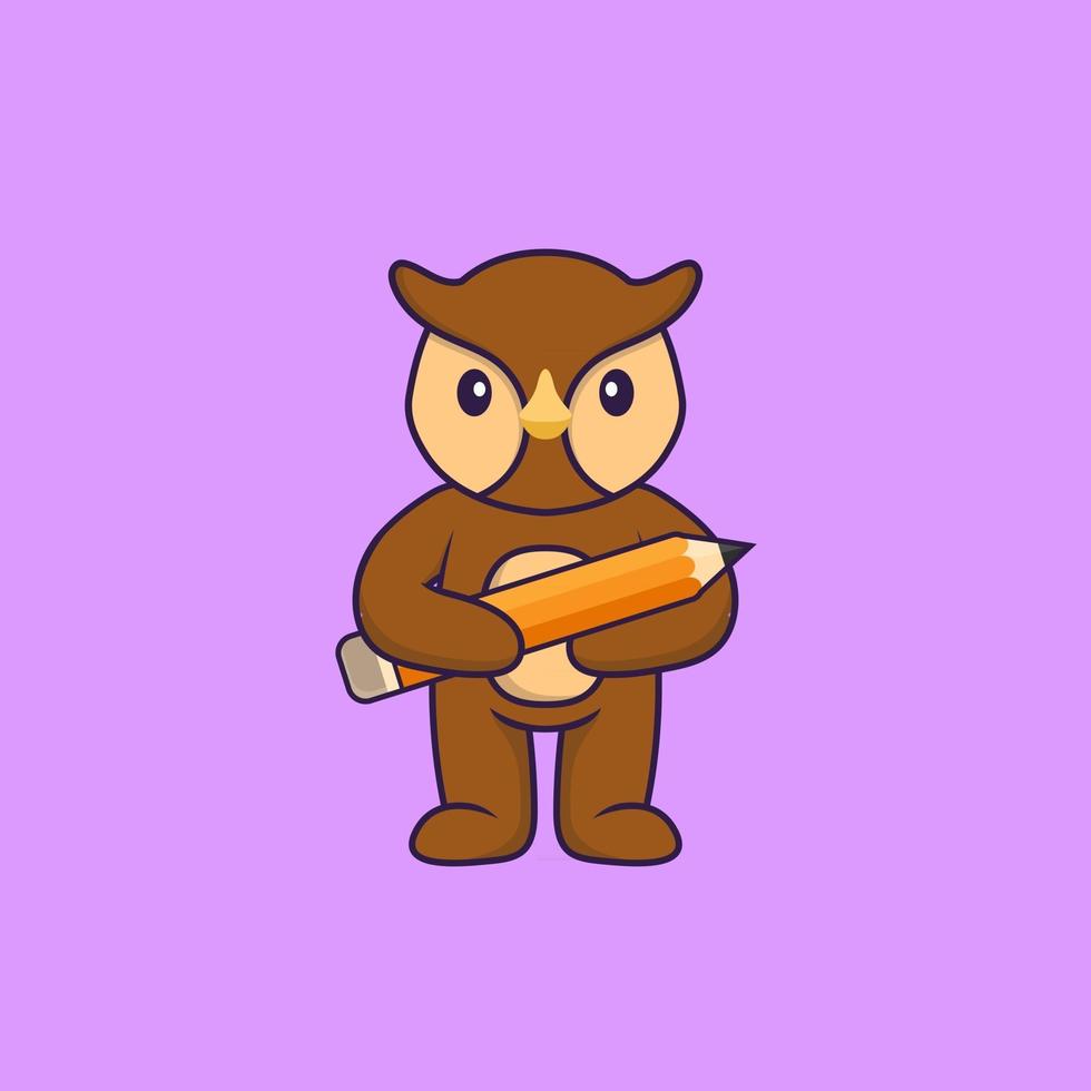 Cute owl holding a pencil. Animal cartoon concept isolated. Can used for t-shirt, greeting card, invitation card or mascot. Flat Cartoon Style vector