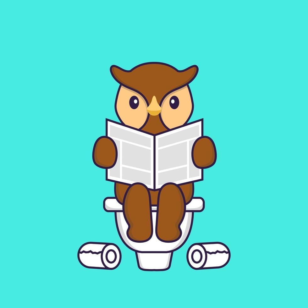Cute owl Pooping On Toilet and read newspaper. Animal cartoon concept isolated. Can used for t-shirt, greeting card, invitation card or mascot. Flat Cartoon Style vector