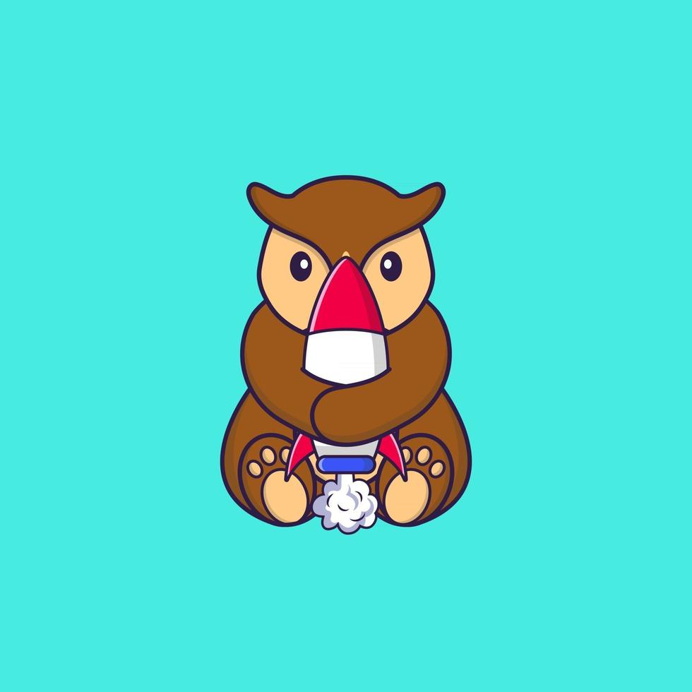 Cute owl holding a rocket. Animal cartoon concept isolated. Can used for t-shirt, greeting card, invitation card or mascot. Flat Cartoon Style vector