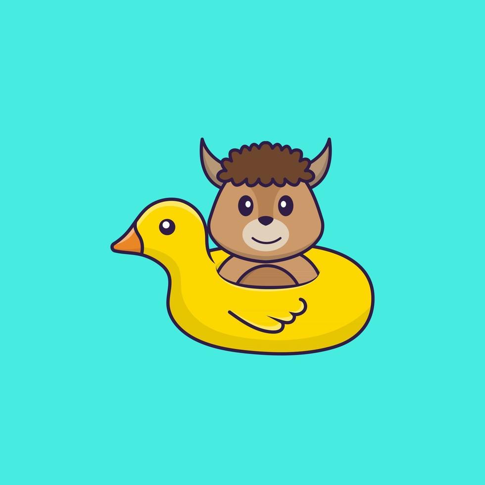 Cute sheep With Duck buoy. Animal cartoon concept isolated. Can used for t-shirt, greeting card, invitation card or mascot. Flat Cartoon Style vector