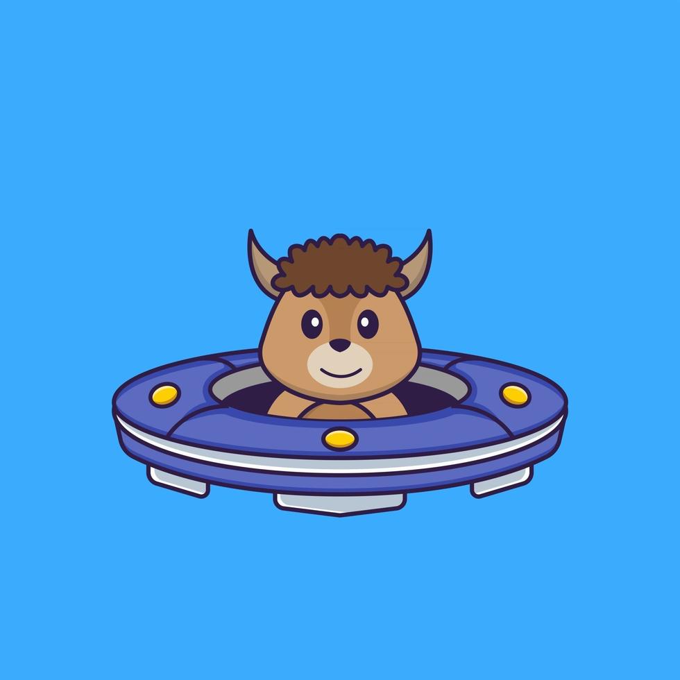 Cute sheep Driving Spaceship Ufo. Animal cartoon concept isolated. Can used for t-shirt, greeting card, invitation card or mascot. Flat Cartoon Style vector