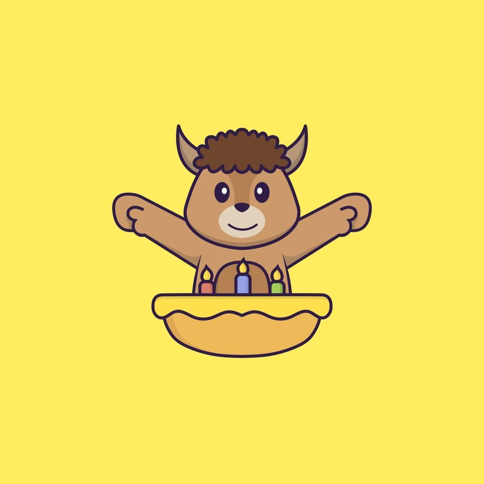 Cute sheep with birthday cake. Animal cartoon concept isolated. Can used for t-shirt, greeting card, invitation card or mascot. Flat Cartoon Style vector