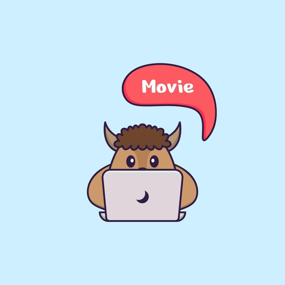 Cute sheep is watching a movie. Animal cartoon concept isolated. Can used for t-shirt, greeting card, invitation card or mascot. Flat Cartoon Style vector