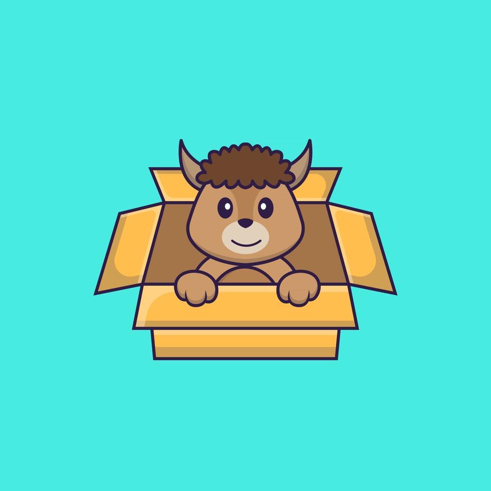 Cute sheep Playing In Box. Animal cartoon concept isolated. Can used for t-shirt, greeting card, invitation card or mascot. Flat Cartoon Style vector