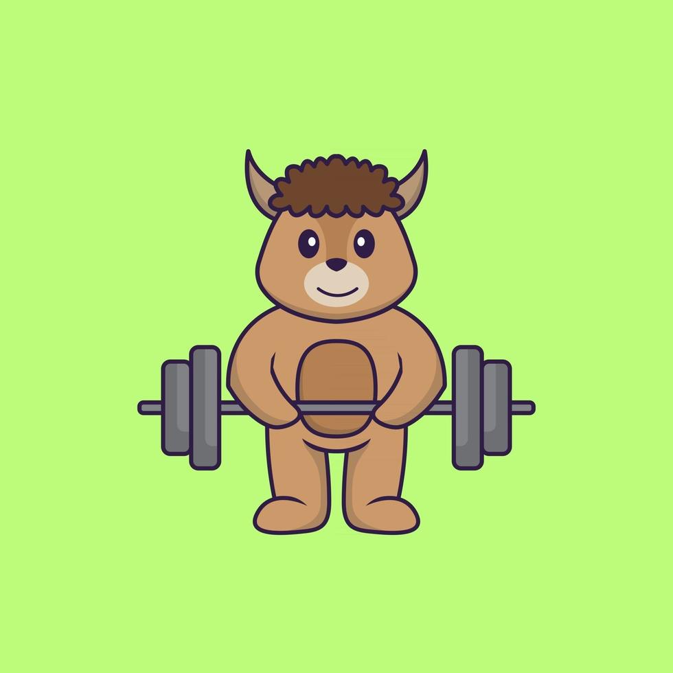 Cute sheep lifts the barbell. Animal cartoon concept isolated. Can used for t-shirt, greeting card, invitation card or mascot. Flat Cartoon Style vector