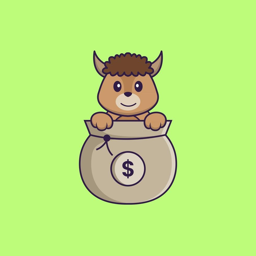 Cute sheep playing in money bag. Animal cartoon concept isolated. Can used for t-shirt, greeting card, invitation card or mascot. Flat Cartoon Style vector