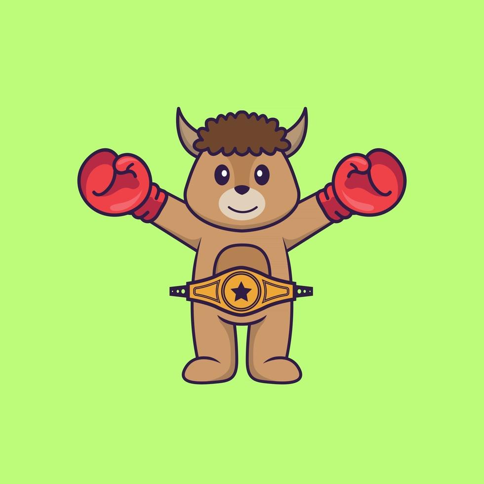 Cute sheep in boxer costume with champion belt. Animal cartoon concept isolated. Can used for t-shirt, greeting card, invitation card or mascot. Flat Cartoon Style vector