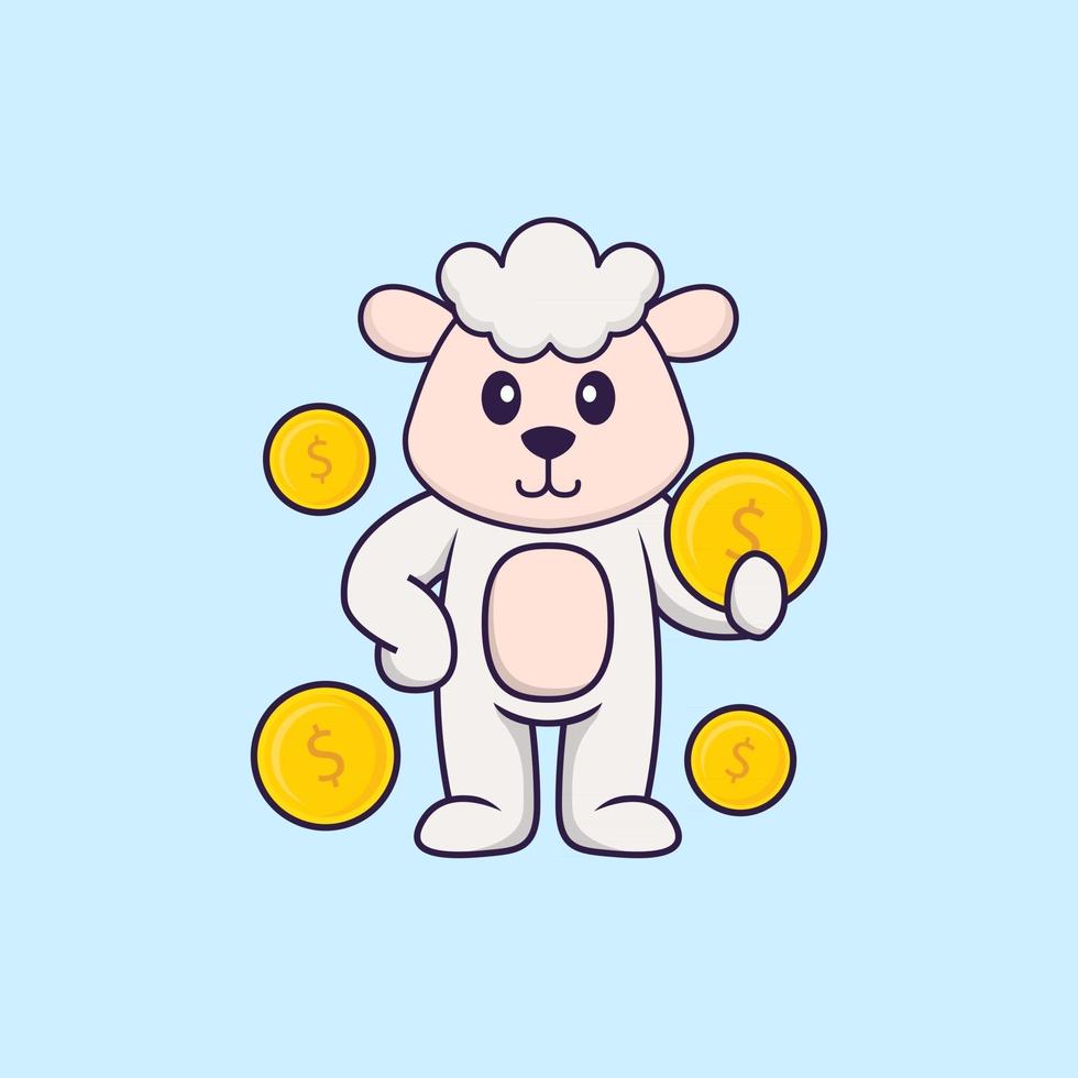 Cute sheep holding coin. Animal cartoon concept isolated. Can used for t-shirt, greeting card, invitation card or mascot. Flat Cartoon Style vector
